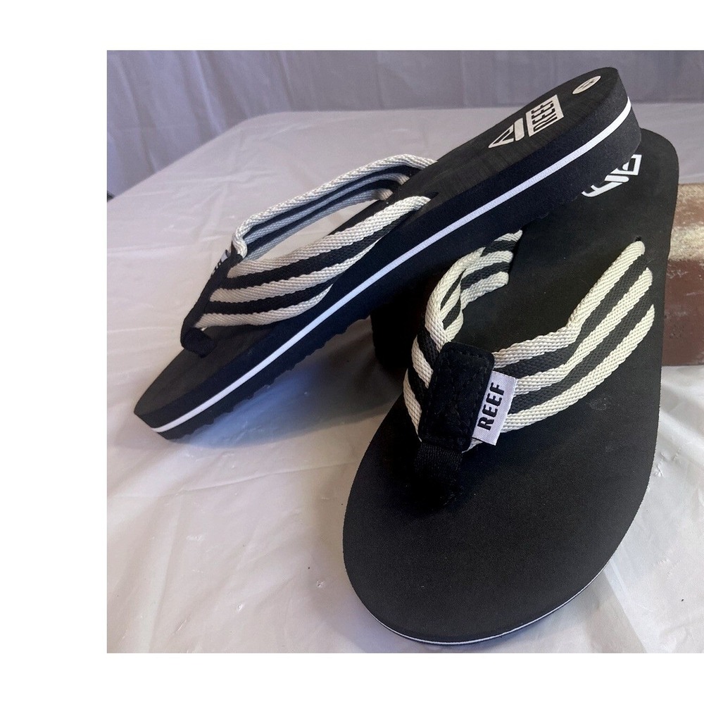 Reef Mens Striped Woven Strap Flip Flops Sandals Black White Size 41